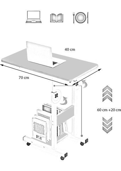 Yükseklik Ayarlı Hasta Sehpası - Atlantik Çam 70X40 (Tekerli) Oval Kenar