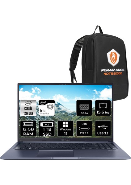 Vivobook 15 Intel Core I5 1235U 12GB 1tb SSD 15.6'' Fhd W11H Taşınabilir Bilgisayar X1502ZA-EJ1069 & Per4 Çanta EJ1069P64