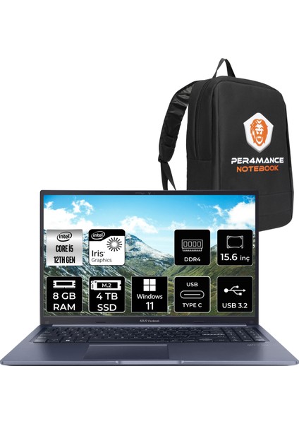 Vivobook 15 Intel Core I5 1235U 8gb 4tb SSD 15.6'' Fhd W11H Taşınabilir Bilgisayar X1502ZA-EJ1069 & Per4 Çanta EJ1069P61