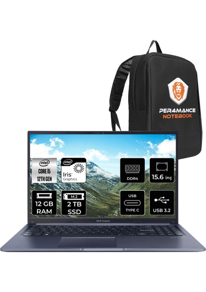 Vivobook 15 Intel Core I5 1235U 12GB 2tb SSD 15.6'' Fhd Fdos Taşınabilir Bilgisayar X1502ZA-EJ1069 & Per4 Çanta EJ1069P40