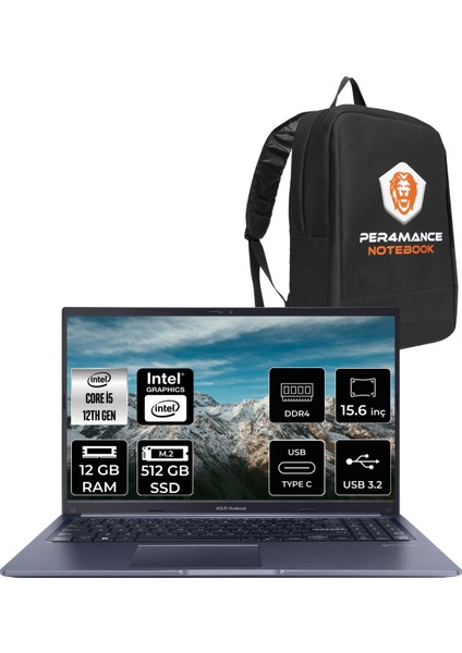 Vivobook 15 Intel Core I5 1235U 12GB 512GB SSD 15.6'' Fhd Fdos Taşınabilir Bilgisayar X1502ZA-EJ1644 & Per4 Çanta EJ1644P45
