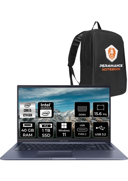 Vivobook 15 Intel Core I5 1235U 40GB 1tb SSD 15.6'' Fhd W11P Taşınabilir Bilgisayar X1502ZA-EJ1644 & Per4 Çanta EJ1644P111