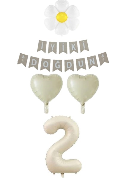 2 Yaş Papatyalı Rakam Kalp Folyo Balon Doğum Günü Seti