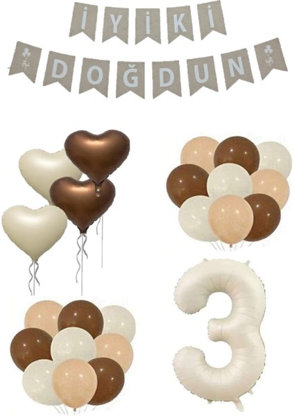 3 Yaş Bej Rakam Kalp Folyo Balon ve Iyiki Doğdun Yazılı Doğum Günü Seti