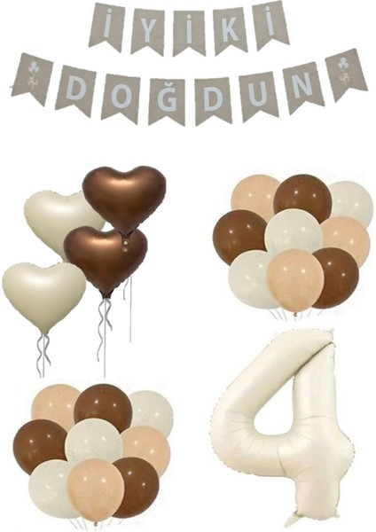4 Yaş Bej Rakam Kalp Folyo Balon ve Iyiki Doğdun Yazılı Doğum Günü Seti