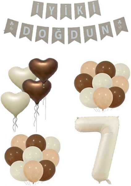 7 Yaş Bej Rakam Kalp Folyo Balon ve Iyiki Doğdun Yazılı Doğum Günü Seti