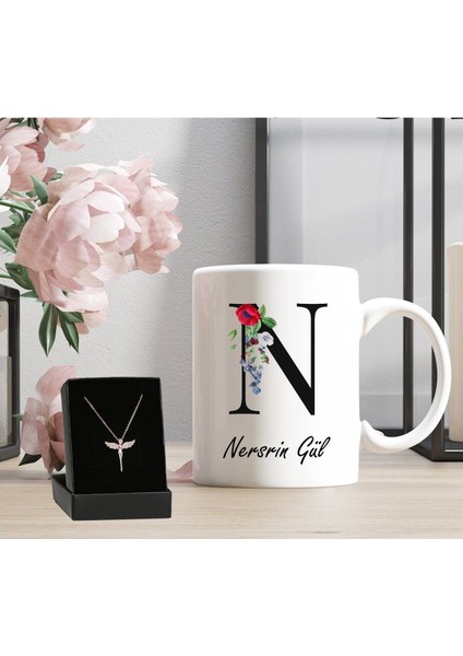 Kişiye Özel Baş Harf ve Isimli Beyaz Kupa ve Melek Kolye