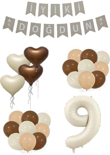 9 Yaş Bej Rakam Kalp Folyo Balon ve Iyiki Doğdun Yazılı Doğum Günü Seti