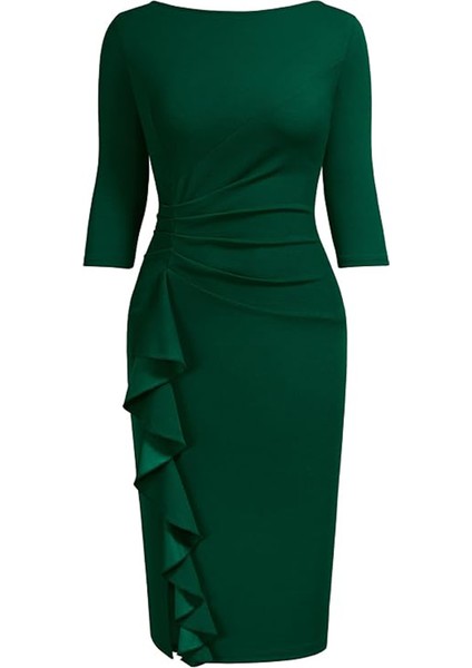 Kadın Büyük Beden Yeşil bodycon Fırfırlı Yırtmaçlı Büyük Beden Abiye Elbise fiyatları