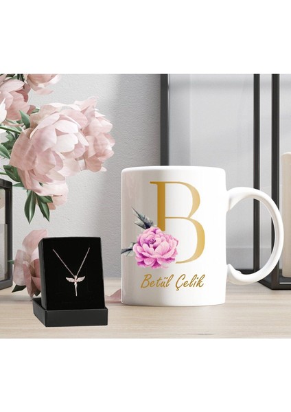 Kişiye Özel Baş Harf ve Isimli Beyaz Kupa ve Melek Kolye