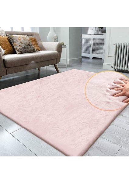 Soft Ultra Yumuşak Tüylü Yıkanabilir Tavşan Premium Kalite Post Peluş Shaggy Halı, Tavpredüzpembe,