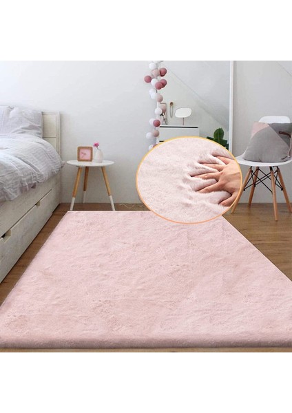 Soft Ultra Yumuşak Tüylü Yıkanabilir Tavşan Premium Kalite Post Peluş Shaggy Halı, Tavpredüzpembe,