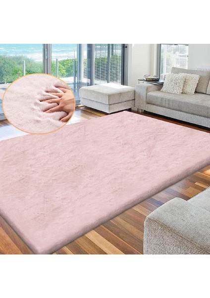 Soft Ultra Yumuşak Tüylü Yıkanabilir Tavşan Premium Kalite Post Peluş Shaggy Halı, Tavpredüzpembe,