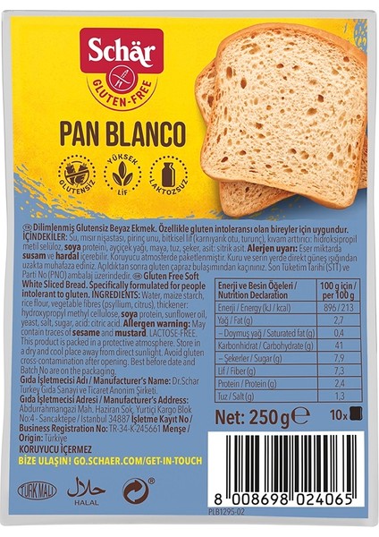 Pan Blanco Glutensiz Beyaz Ekmek 250 gr x (4 ADET)