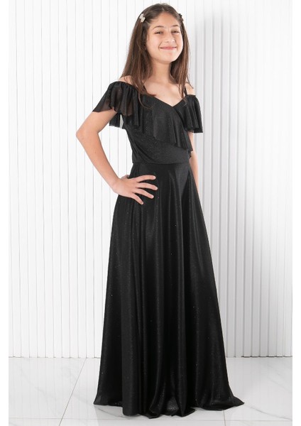Askılı Simli Abiye Elbise Siyah MDV938