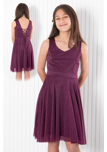 Sırt Detaylı Tül Abiye Elbise Mürdüm MDV942