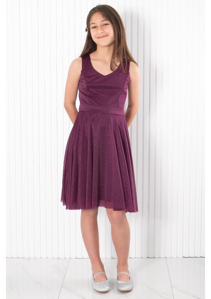 Sırt Detaylı Tül Abiye Elbise Mürdüm MDV942 modelleri