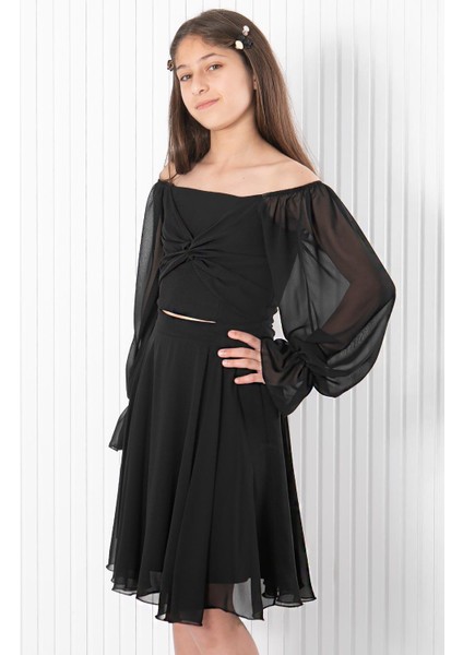 Balon Kol Şifon Abiye Elbise Siyah MDV934 fiyatları