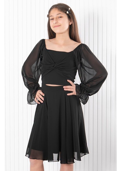 Balon Kol Şifon Abiye Elbise Siyah MDV934 modelleri