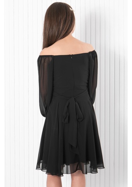 Balon Kol Şifon Abiye Elbise Siyah MDV934 indirimleri