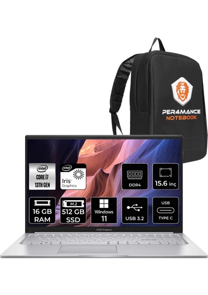 Vivobook 15 Intel Core I7 1355U 16GB 512GB SSD 15.6'' Fhd W11H Taşınabilir Bilgisayar X1504VA-NJ195W & Per4 Çanta NJ195WP79