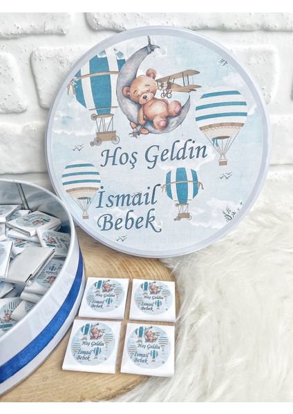 150 Adet +200 gr Draje Uçan Balon Temalı Isme Özel Hosgeldin Erkek Bebek Doğum Günü Hediyelik Çikolata