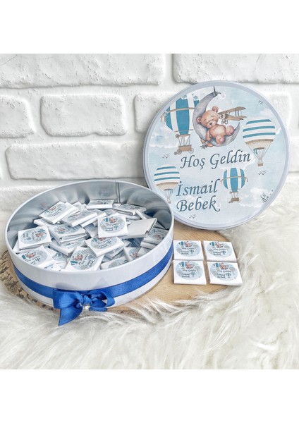 150 Adet +200 gr Draje Uçan Balon Temalı Isme Özel Hosgeldin Erkek Bebek Doğum Günü Hediyelik Çikolata