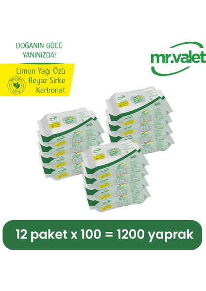 Mr Valet Yüzey Temizlik Havlusu Limon Yağı Özü-Beyaz Sirke-Karbonat 100 Adet x 12’li