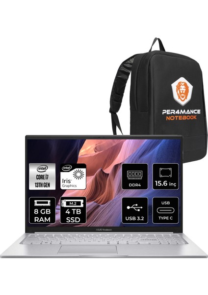 Vivobook 15 Intel Core I7 1355U 8gb 4tb SSD 15.6' Fhd Fdos Taşınabilir Bilgisayar X1504VA-NJ412 & Per4 Çanta NJ412P73