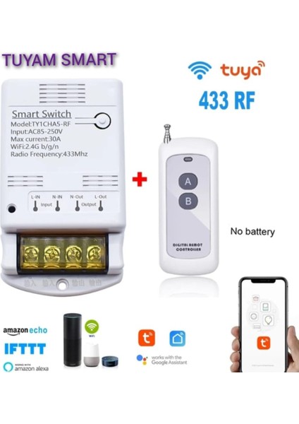 Tuyam Smart Tuya Wifi Destekli 30A /433 MHz Kumandalı Röle