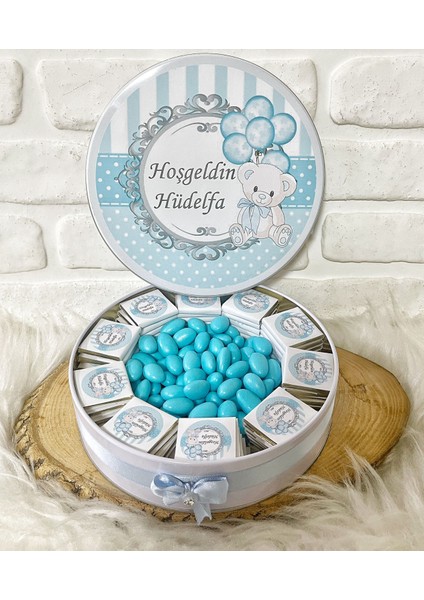 100 ADET+200 gr Draje Mavi Balon Temalı Isme Özel Erkek Bebek Hoşgeldin Hediyelik Çikolata