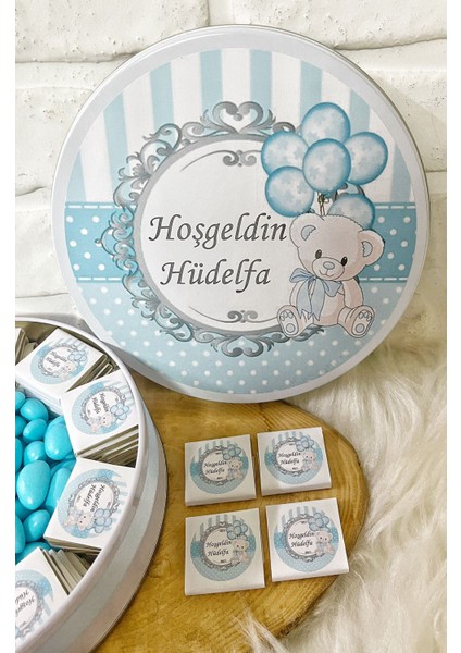 150 Adet + 200 gr Draje Mavi Balon Temalı Isme Özel Erkek Bebek Hoşgeldin Hediyelik Çikolata