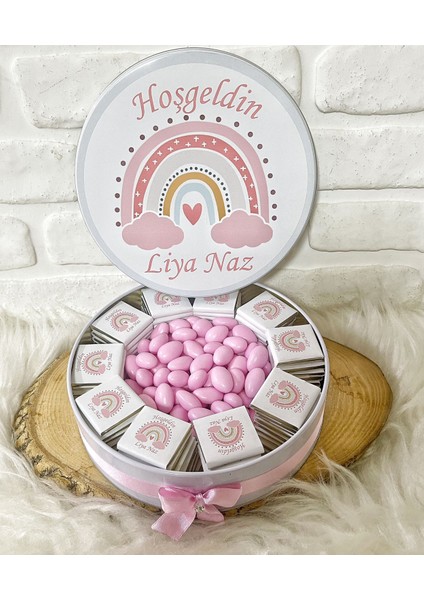 Bunnyball Chocolate 100 ADET+200 gr Draje Pembe Gökkuşağı Temalı Isme Özel Hoşgeldin Kız Bebek Hediyelik Çikolata