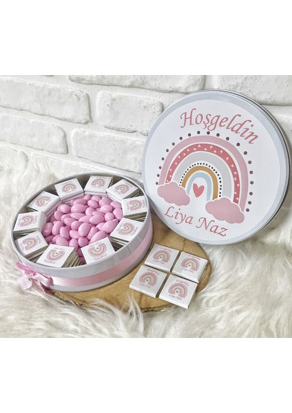 150 ADET+200 gr Draje Pembe Gökkuşağı Temalı Isme Özel Hoşgeldin Kız Bebek Hediyelik Çikolata