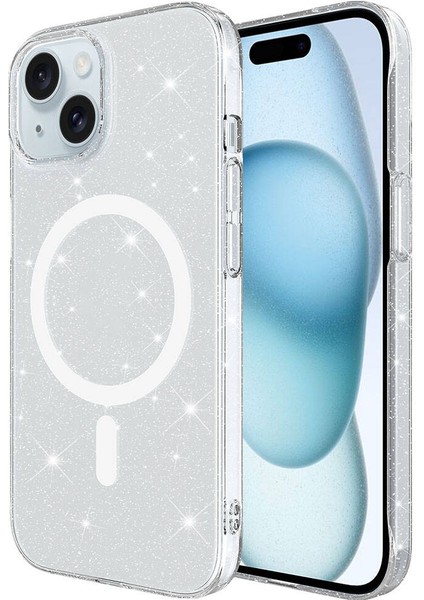 iPhone 15 Kılıf Zore Magsafe Şarj Özellikli Simli Şeffaf Arka Yüzey Erdos Silikon Kapak