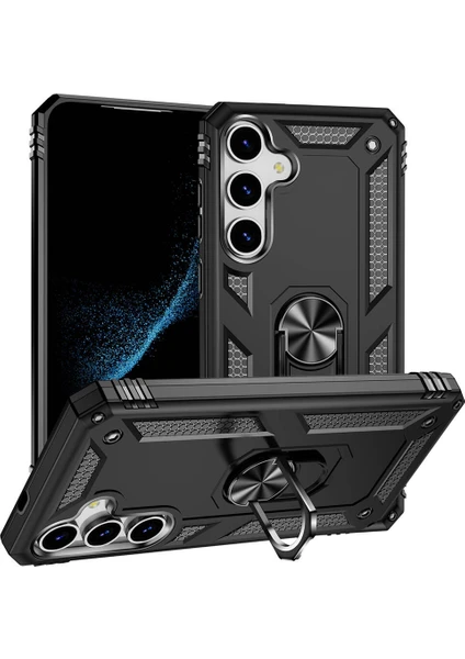 Case World Samsung Galaxy S24 Kapak Military Yüzüklü Stantlı Panzer Tank Kılıf - Siyah