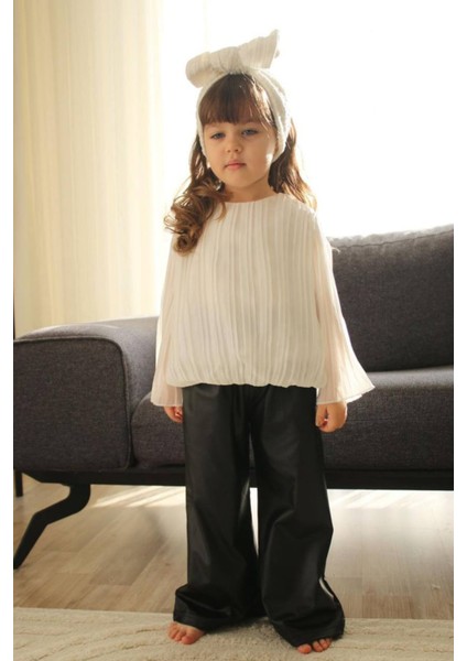 Kız Çocuk Deri Pantolon Bluz Tarz Takım