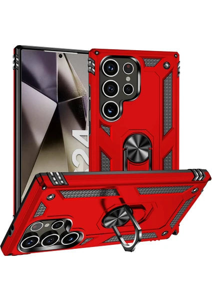 Case World Samsung Galaxy S24 Ultra Kapak Military Yüzüklü Stantlı Panzer Tank Kılıf - Kırmızı