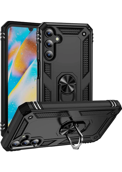 Case World Samsung Galaxy A15 Kapak Military Yüzüklü Stantlı Panzer Tank Kılıf - Siyah