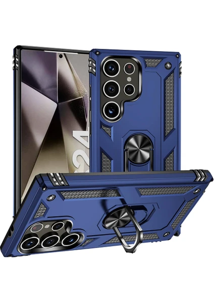 Case World Samsung Galaxy S24 Ultra Kapak Military Yüzüklü Stantlı Panzer Tank Kılıf - Lacivert