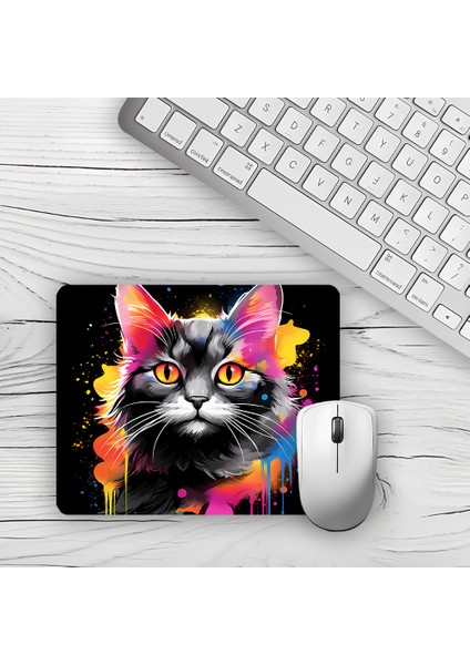 Suluboya Renkli Kedi Tasarımlı Baskılı Kaydırmaz Taban 18X22 cm Mouse Pad