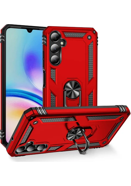 Case World Samsung Galaxy A05S Kapak Military Yüzüklü Stantlı Panzer Tank Kılıf - Kırmızı