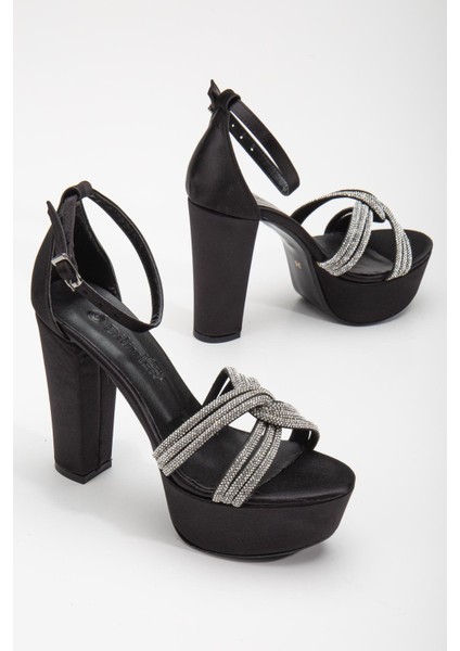 Saten Örgü Taşlı 40MM Siyah Kadın Platform Topuklu Abiye Ayakkabı