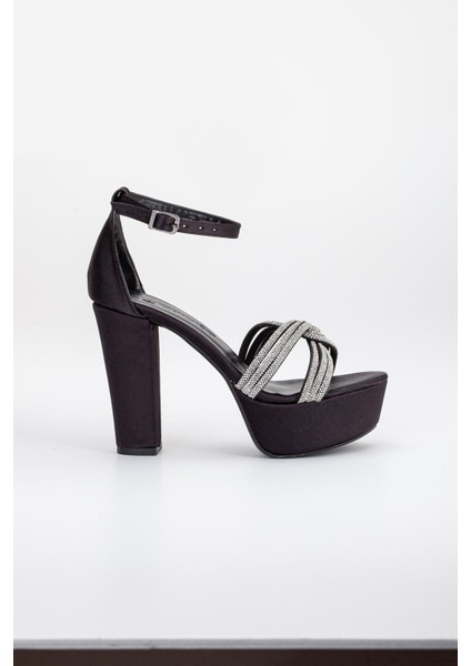 Saten Örgü Taşlı 40MM Siyah Kadın Platform Topuklu Abiye Ayakkabı modelleri