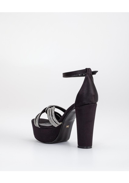 Saten Örgü Taşlı 40MM Siyah Kadın Platform Topuklu Abiye Ayakkabı indirimleri