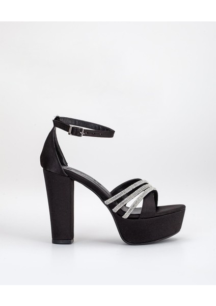 Saten Çapraz Taşlı 40MM Siyah Kadın Platform Topuklu Abiye Ayakkabı modelleri