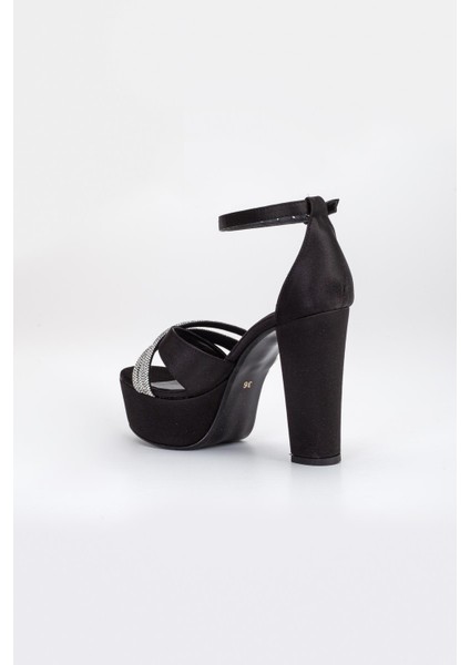 Saten Çapraz Taşlı 40MM Siyah Kadın Platform Topuklu Abiye Ayakkabı indirimleri