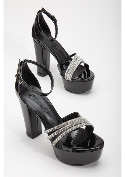 Çapraz Taşlı 40MM Siyah Rugan Kadın Platform Topuklu Abiye Ayakkabı