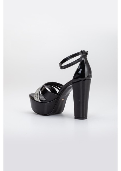 Çapraz Taşlı 40MM Siyah Rugan Kadın Platform Topuklu Abiye Ayakkabı fırsatları