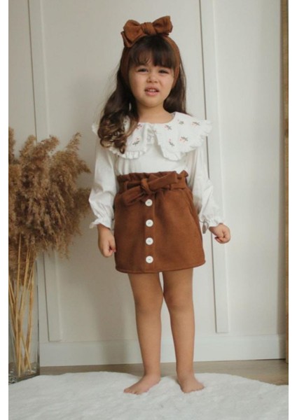 Süet Etek Çiçek Yaka Kız Takım